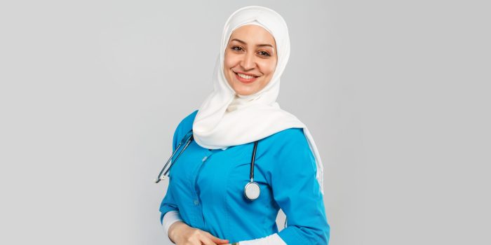 Beautiful,Modern,Muslim,Doctor,Or,Nurse,In,Hijab,On,A
